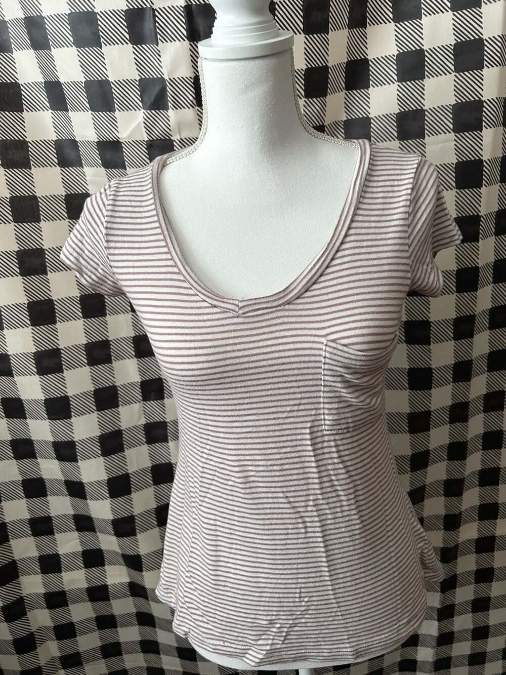Marine Layer Women's Brown White Striped Short Sleeve Scoop Neck Pocket Tee